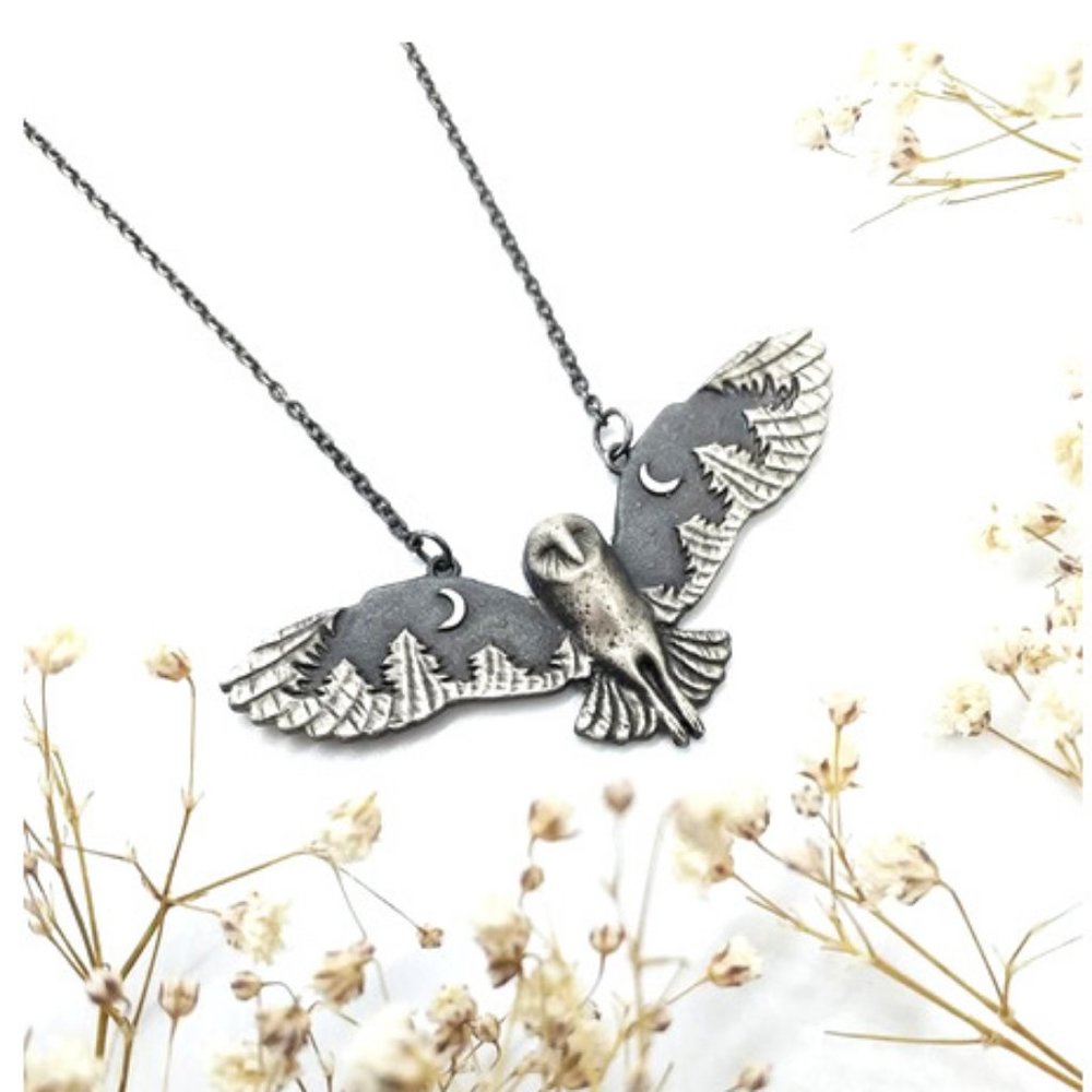 Night Flight Owl Necklace, Zodiac, Celtic, Boho, Animal Totem